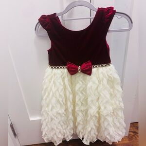 Burgundy Red and Off-White Ruffled Dress with Bow
